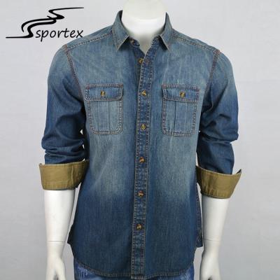 China Blue Color Mens Casual Denim Shirts Long Sleeve Style Good Breathability for sale