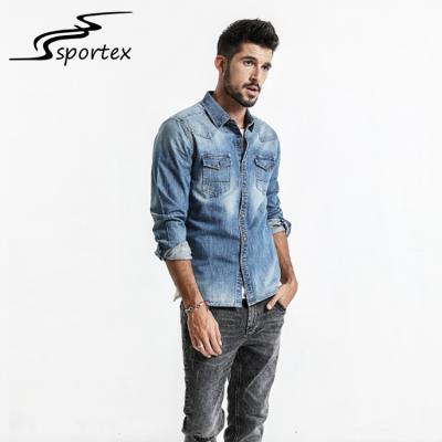 China Long Sleeve Mens Washed Denim Shirt Customized Color Beautiful Appearance for sale