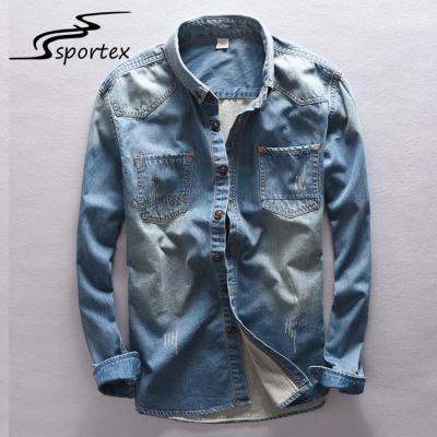 China Slim Fit Mens Skinny Denim Shirt , Cotton Denim Shirt Eco Friendly Light Weight for sale