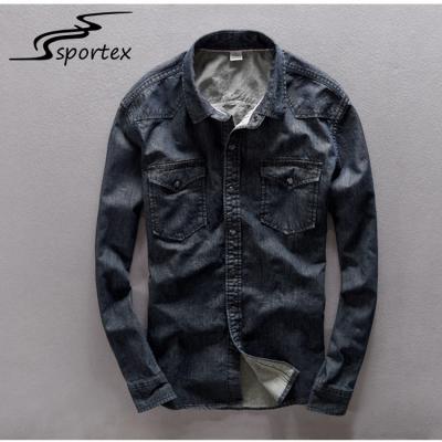 China Plain Dark Blue Washed Denim Shirt Anti Pilling Featuring Denim Fabric Type for sale