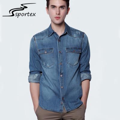 China Long Sleeve Mens Washed Denim Shirt Spandex / Cotton Materials Soft Touching for sale