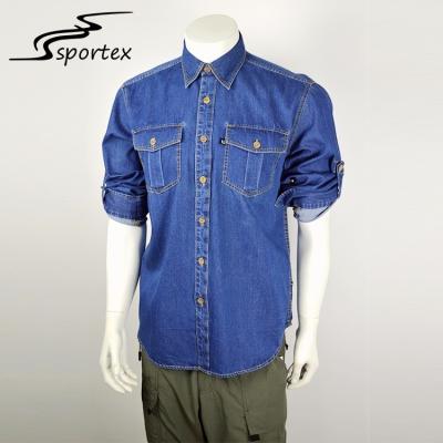 China Durable Pocket Blue Washed Denim Shirt Plain Dyed Technics OEM / ODM Pattern for sale