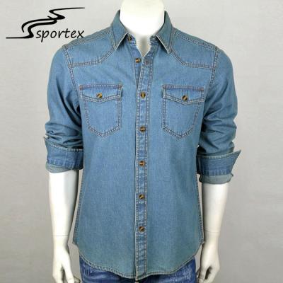 China Cowboy Blue Jean Long Sleeve Shirt Denim Fabric Type XS - 2XL Size Free Samples for sale