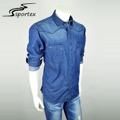 China Mens Outdoor Washed Denim Shirt Plain Dyed Technics Environmental Friendly for sale