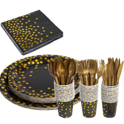 China Modern Party Supplies Cup Disposable Black Gold Paper Plates Napkins Plastic Tableware Party Forks Knives Spoons For Party for sale