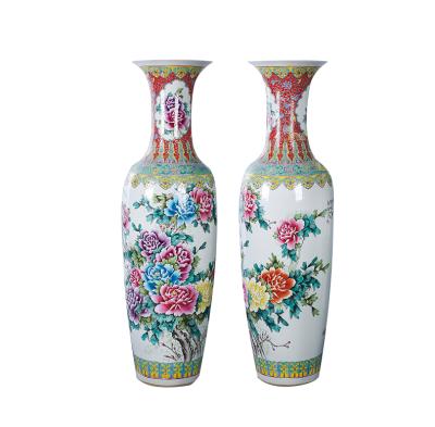 China Jingdezhen antique hand-painted peony of ceramic ware vases Famille Rose Tall Ceramic Vase for decoration for sale