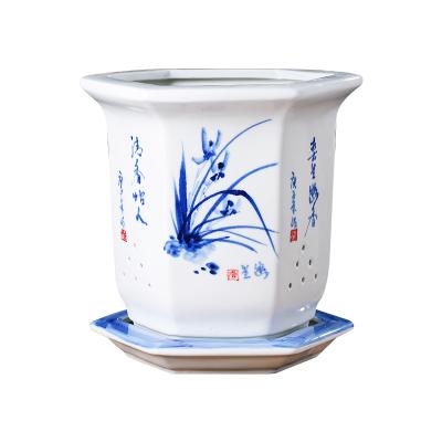 China Hand Throwing Ceramic Blue and White Orchid Planter Hand Painted Hexagonal Succulent Pot for sale