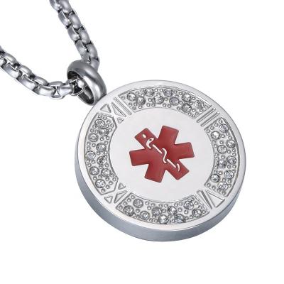 China Diamond Roman Numerals First Aid Titanium Round Steel Medical Jewelry Necklace Tag Dog Medical Sign Around Pendant Necklace for sale