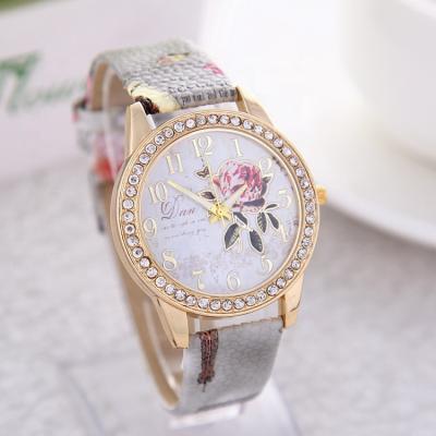 China Non-Specific Hot-selling Rhinestone Ladies Watch Printed PU Leather Strap Rose Charm Watch for sale