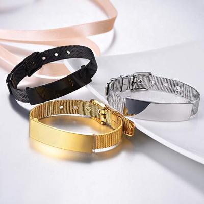 China Fashion Lady TRENDY Custom Logo Stainless Steel Mesh Milanese Bracelet With Slide Keeper ID Plate for sale