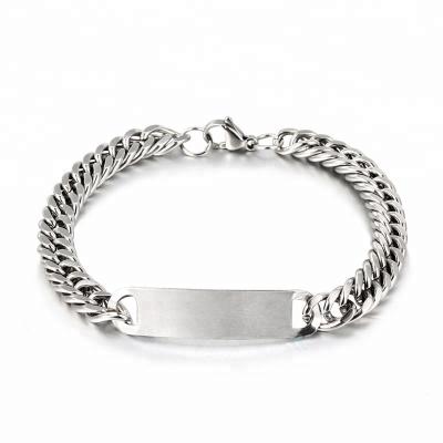 China Trendy Custom Engrave Logo Silver Mens Stainless Steel Chain Bracelet With Polish Blank Plate for sale