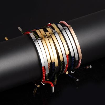 China TRENDY Custom Engrave Logo Statement Bar Bracelet Friendship Inspire Name Jewelry 18k Gold Plated Adjustable Braided Rope Bracelet for sale