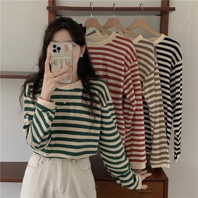 China EL round neck flashing striped sleeved T-shirt long for women in 2023 spring, the new Korean version basic shirt design tops, casual and soft for sale