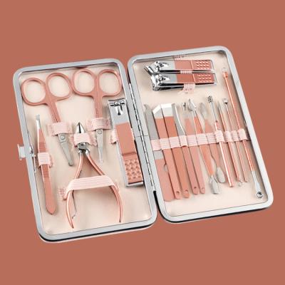 China Rose Gold Stainless Steel Rose Gold Nail Clippers Set 18pcs Manicure Set Curette Eyebrow Scissors for sale