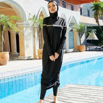 China Plus Size 2022 Modest Muslim Swimwear 3 Pieces Black Drawstring Long Robe Full Covered Islamic Swimming Wear for sale