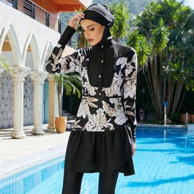 China 2022 Women's Breathable Muslim Floral Printing Swimwear Burkinis Elegant Islamic Swimsuit 3pcs For Lady for sale