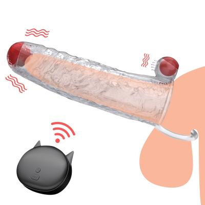 China Soft Wireless Remote Control Penis Sleeve Vibrator Reusable Condoms Male Enlargement Delay Cock Ring Vibrating Penis Cover Sex Toys for sale