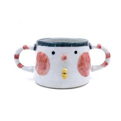 China Viable Custom Handmade Cute Pottery 3D Cartoon Face Breakfast Cup Bowl With Handles for sale