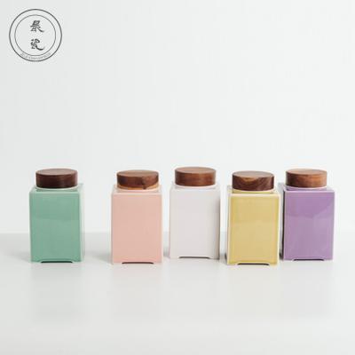 China New Product Stocked Custom Colored Ceramic Mason Jar With Wooden Lid for sale