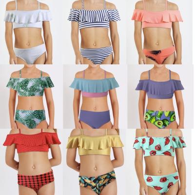 China Wholesale Kids Swimsuit Adjustable Strap Removable Padded Halter Lace Up Removable Pad Ruffled Sleeve Girl Bikini Kids Swimwear for sale