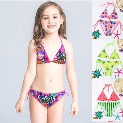 China Wholesale Breathable Kids Swimwear Kids Triangle Bra Swimsuit Halter Lace Up Cartoon Design Pattern Baby Swimwear for sale