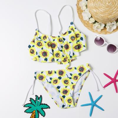 China 2021 Breathable Hot Sale Lotus Leaf Print Ruffle-Strap Halter Girl Swimsuit Bikini Lace Up Baby Two-Piece Swimwear for sale