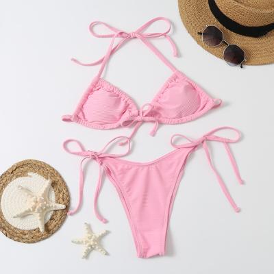 China Hot Selling Classic Bikini Triangle Cup Halter Breathable Lace Up Swimwear Protection Removable Soft Cup Bikini for sale