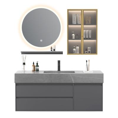 China Water Proof Hot Selling Modern Solid Wood Gray Wall Mount Bathroom Hotel Washroom Storage Cabinet Marble Floating Vanity With LED Mirror for sale