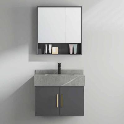 China Water Resistant New 2022 Bathroom Solid Wood Toilet Room Marble Sink Wall Mount Cabinet Gray Modern Floating Vanity With Led Mirror Resistant for sale