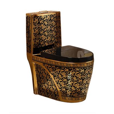 China Double-Flow Wholesale Porcelain Color Luxury Arab One Piece Sanitary Ware Gold Plated Black Pattern Toilet Bowl for sale