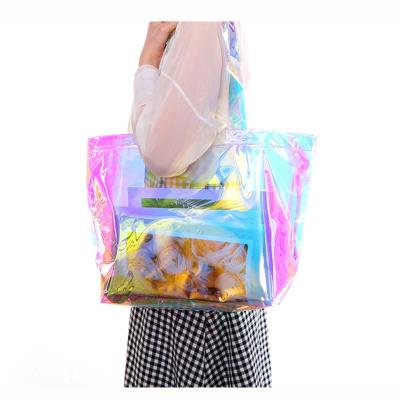 China Eco-Friendly Custom Clear Holographic Transparent Tote Bags Summer Beach Tote Bags PVC Laser Logo Laser Plastic Gift Bag Waterproof Transparent Holographic Plastic Handbags for sale