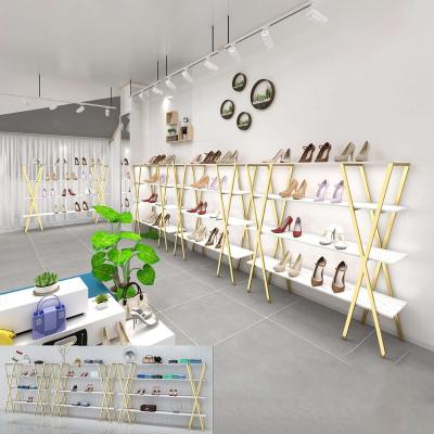 China Store Showroom Design Gold Metal Retail Clothes Display Stands Shoe Rack Shoe Rack Bag Display Rack for sale