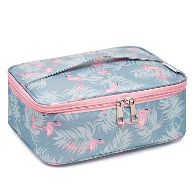 China Fashion Custom Double Zipper Striped Flower With Compartment Handle Printed Plaid Letter Silk Canvas Nylon Cosmetic Bag for sale