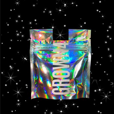 China Disposable Custom Laser Foil Front Side Transparent Cosmetic Holographic Mylar Zipper Bags With Window for sale