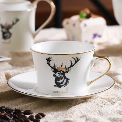 China Viable Luxury Elks Style Bone China Latte Cup Saucer 200ml With Line Coffee Tea Cup Saucer Gold Ceramic Tea Set for sale