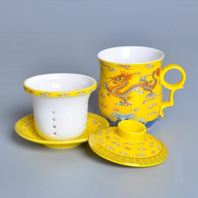 China 330ml Traditional Chinese Ceramic Viable Dragon Tea Cup With Lid And Saucer Infuser Tea Cup Infuser Tea for sale