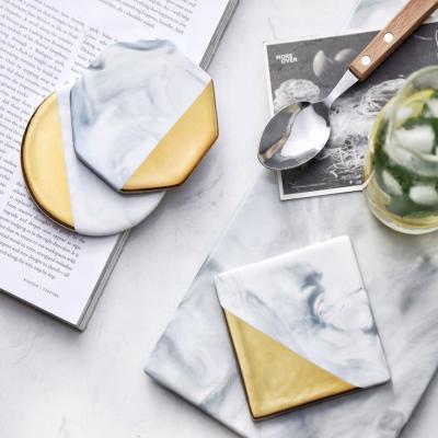 China Viable Non-slip Place Around Hexagonal Shape Ceramic Marble Coaster In Natural Color Cup Coaster Cup Plating Mat for sale