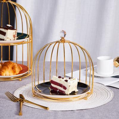 China Luxury Cake Stand Gold Birdcage Metal Morden Wedding Dish Afternoon Tea Dessert Holder Ceramic Decoration for sale