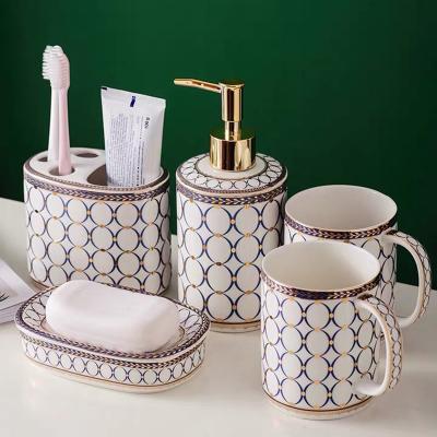 China 5pcs Bathroom Set Hotel Wash Brush Cup Toothbrush Holder Liquid Soap Dispensers Luxury Ceramic Soap Dish for sale