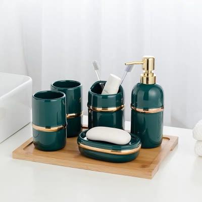 China Sustainable Luxury Green 5pcs Bathroom Accessories Set Hotel Wash Brush Cup, Liquid Soap Dispensers, Soap Dish for sale