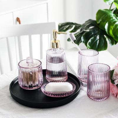 China Transparent Pink Glass Toothbrush Holder Cup Holder Washable Cup Set Transparent Pink Glass Bathroom Set for sale