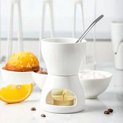 China Viable Ceramic Butter Warmer / Chocolate Ice Cream Pot Set With Fork Candle Butter Warmers Fondue Set Pot for sale