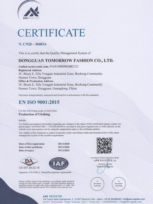 ISO9001 - Dongguan Tomorrow Fashion Co., Limited