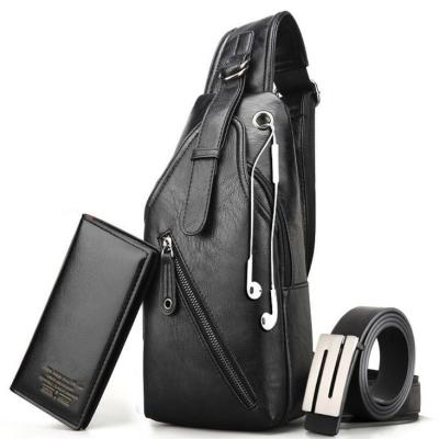 China Waterproof Men's Leather Sling Chest Bag Shoulder Backpack Cross - Body Bag With USB Port Charging 3-Piece Belt Set Business Gift Set for sale