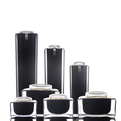 China Set 10g 15g 30g 50g Cosmetic Black Bow Square Bottle Jar 30ml 50ml 100ml Acrylic Lotion Bottlte Pump for sale