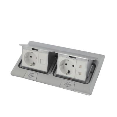 China Residential / General Purpose Aluminum Alloy Panel Pop Up Floor Socket 16A EU Standard Dual Power Output With Computer Port And Charging 2pin Plug for sale