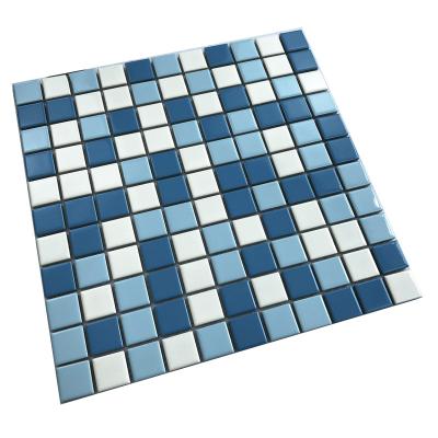 China Parquet Blue White Outdoor Classic Hotel Stone Crystal Pools Iridescent Square Mosaic Swimming Glass Pool Ceramic Tiles for sale