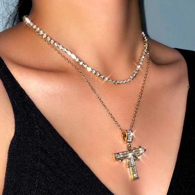 China New Arrival Unisex Tennis Light Chain Fashionable Layered Clear Rhinestone Pave Uzi Gun Pendent Necklace for sale