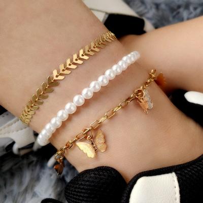 China New Arrival FASHIONABLE Summer Beach Adjustable 3pcs Set Arrow Chain Pearl Butterfly Gold Anklet For Women Girls for sale