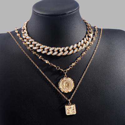 China Vintage Fashion TRENDY Multilayer Gold Plated Portrait Coin Pendant Necklace For Women Bling Iced Out Hip Hop Cuban Chain Jewelry for sale